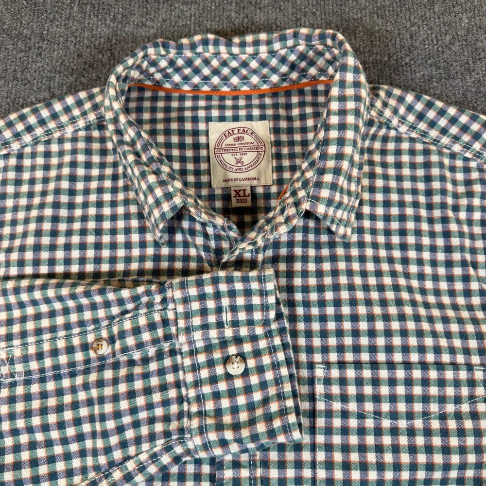 Fat Face Mens XL Regular Fit Gingham Plaid Button Down Shirt Blue Green #2933